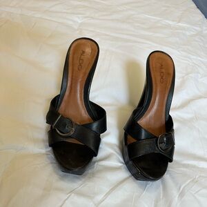 Aldo Black Leather Mules with Buckle